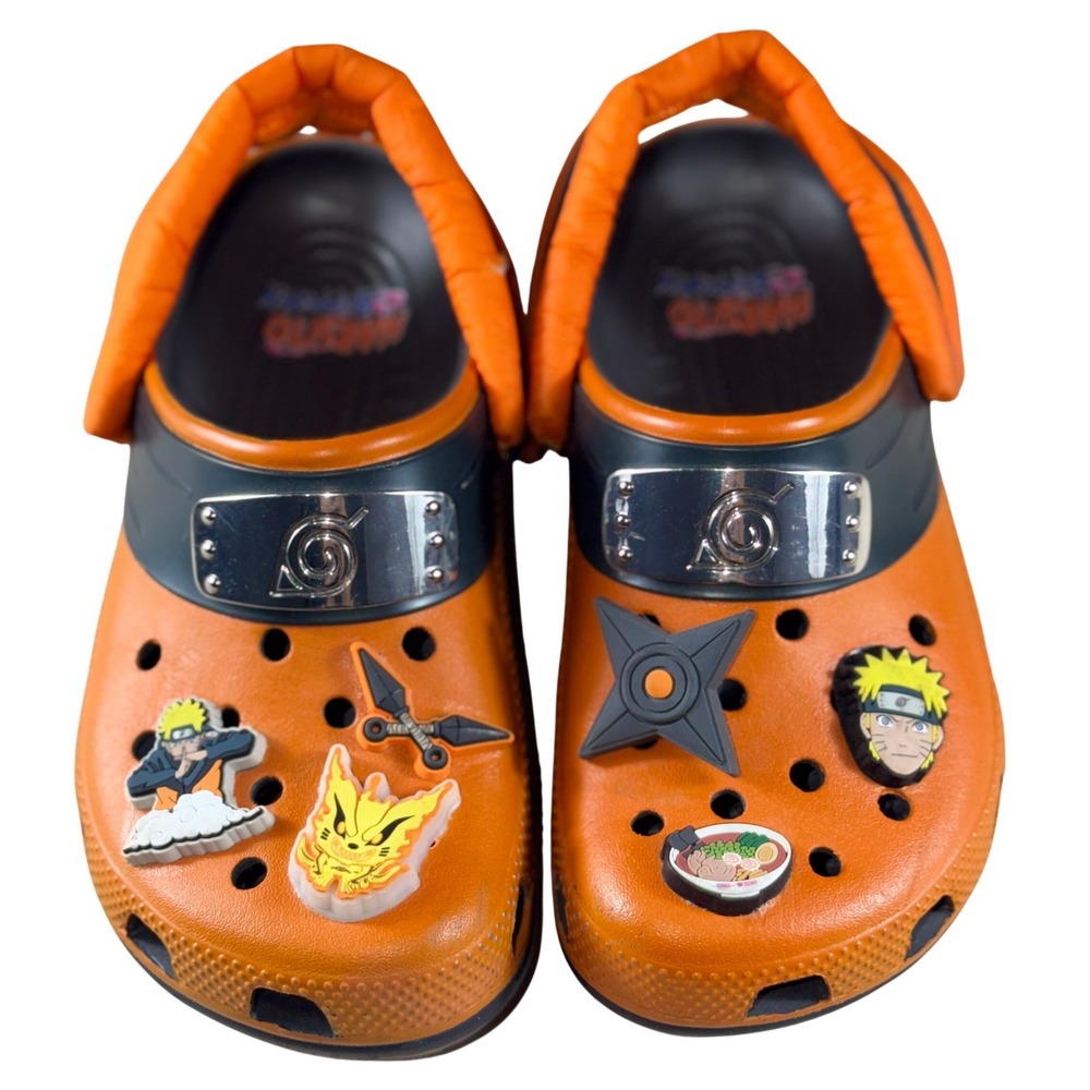 Crocs Naruto Shippuden Classic Clogs Orange Black Boys Kids Size J4 Jibbitz